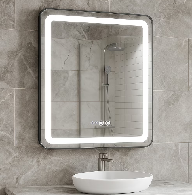 Oglinda baie cu iluminare LED Badenmob, functie dezaburire, ceas, data si termometru, 70x80cm
