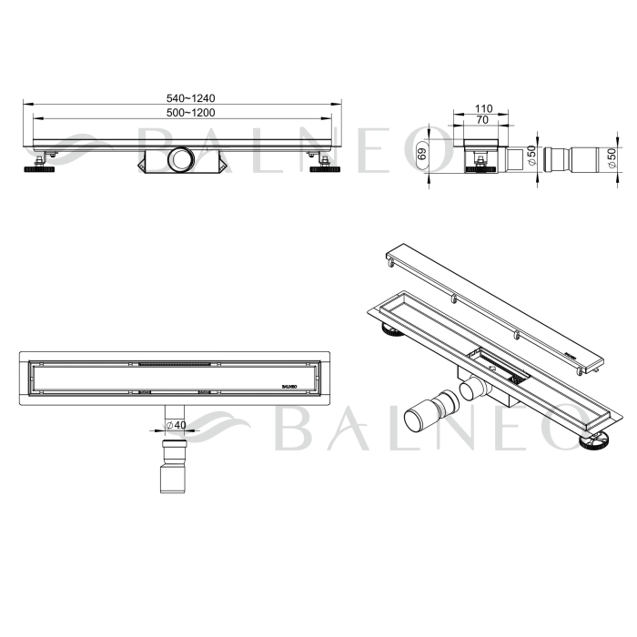 Rigolă de duș liniară faianțabilă, reversibilă, Balneo Duplex NEXT Grafit (Gun Metal), 80 cm [7]