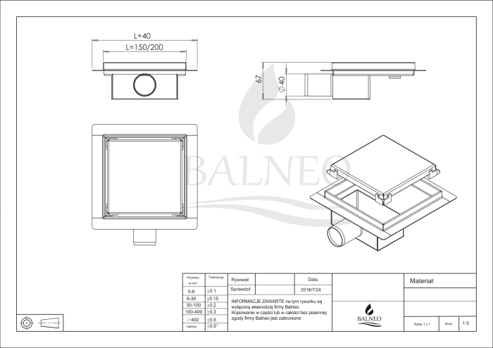 Scurgere de pardoseală, faianțabilă, pătrată Balneo SQ-Drain Inox, 15 x 15 cm [5]