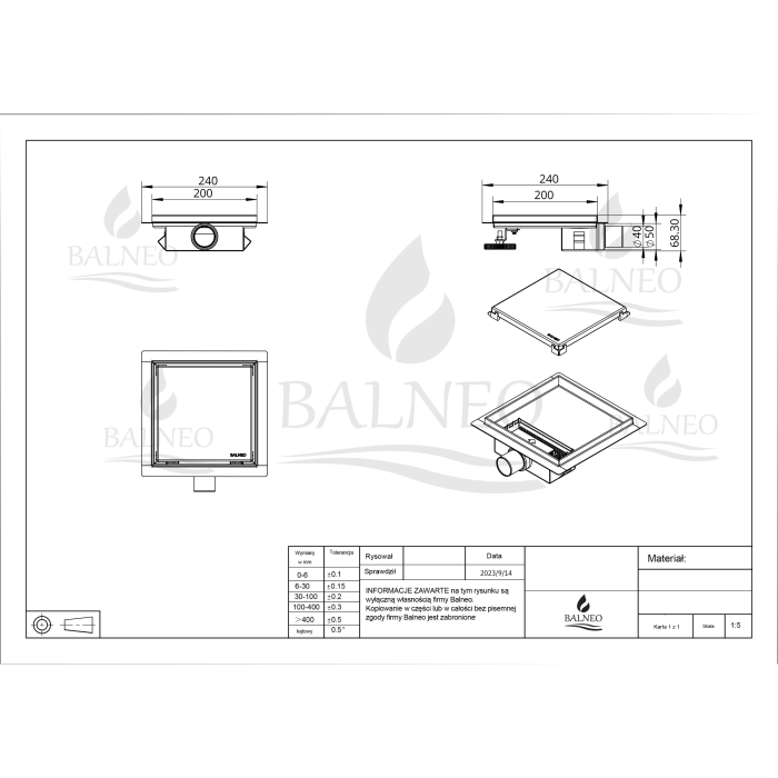 Scurgere de pardoseală, faianțabilă, pătrată Balneo SQ-Drain NEXT Inox, 20 x 20 cm [6]