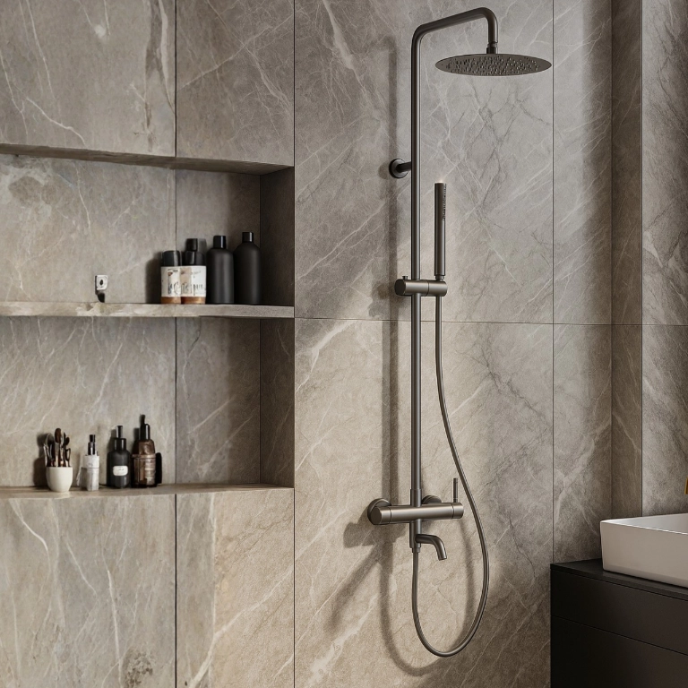 Sistem baterie duș fix, Balneo CASCADE, coloană cu cartuș ceramic și perlator, gun metal [1]
