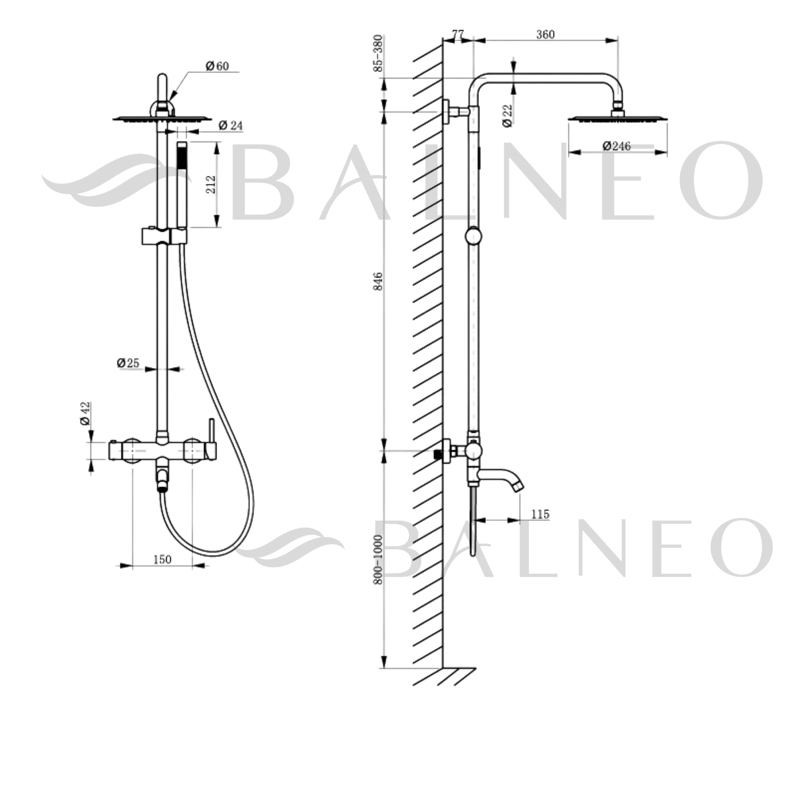 Sistem baterie duș fix, Balneo CASCADE, coloană cu cartuș ceramic și perlator, gun metal [5]
