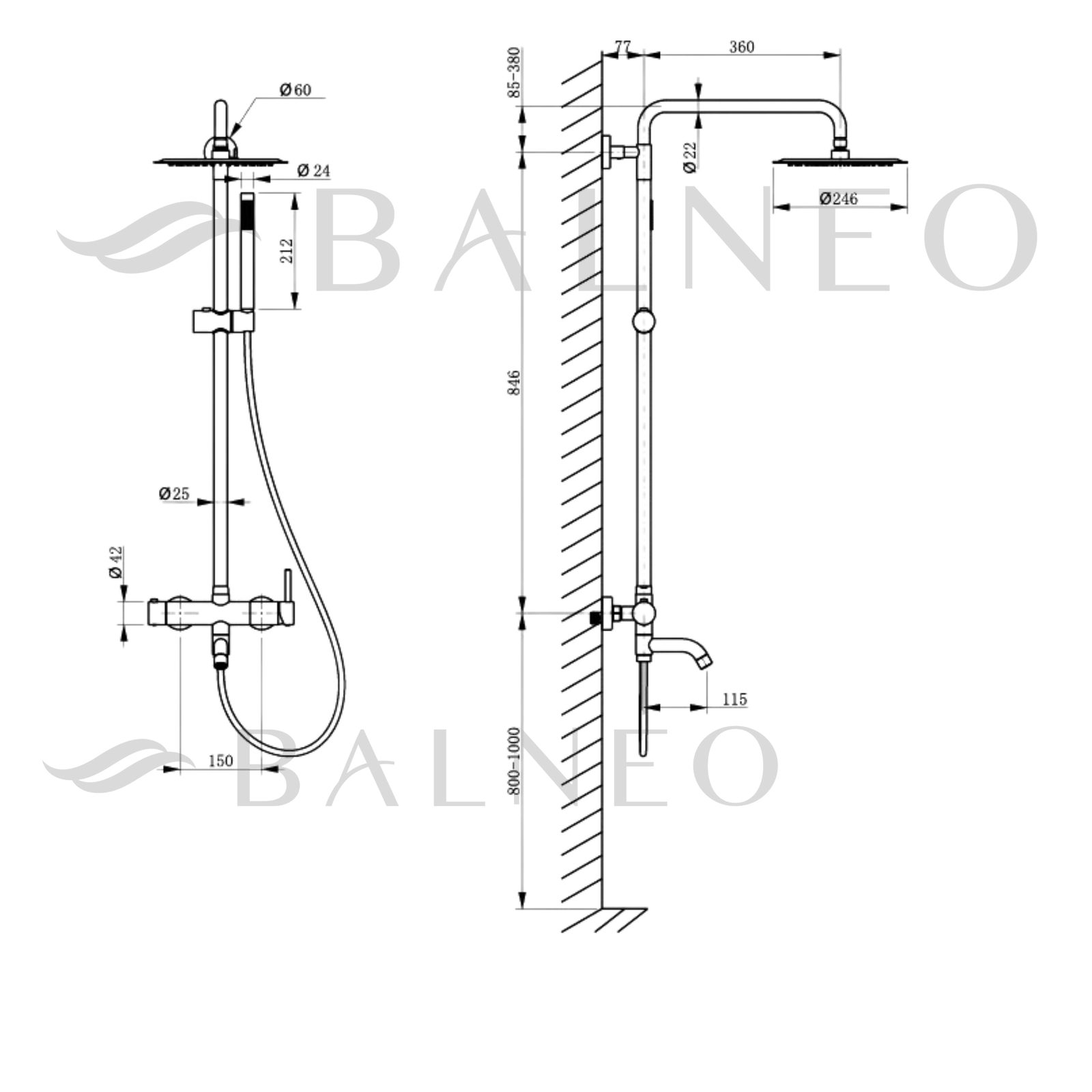 Sistem baterie duș fix, Balneo CASCADE, coloană cu cartuș ceramic și perlator, negru [6]