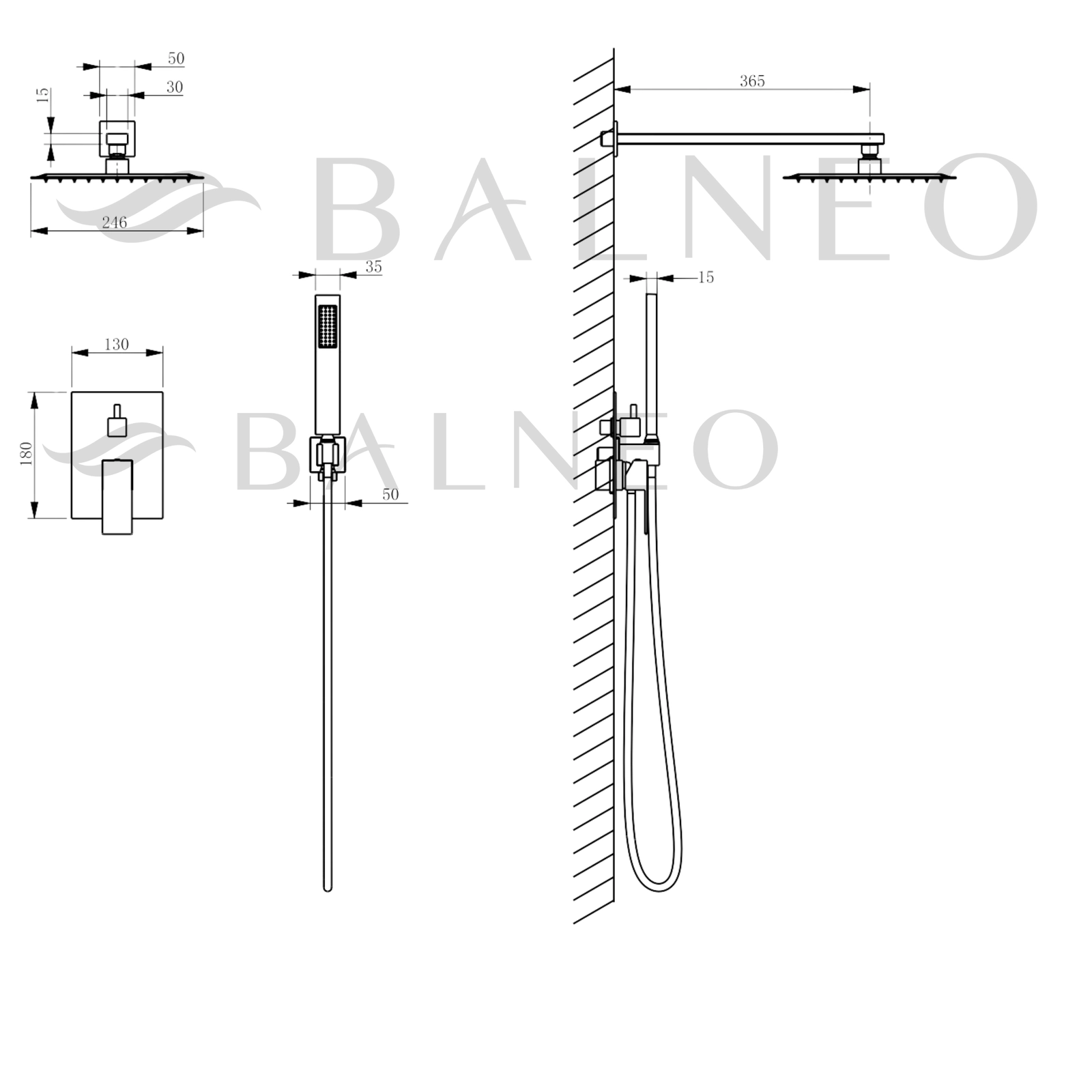 Sistem de duș încastrat Balneo Cascade, cu cartuș ceramic și perlator, Inox [6]