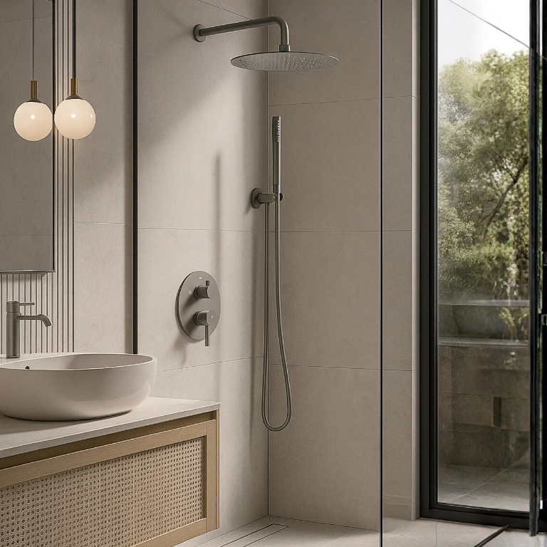 Sistem de duș încastrat, rotund, Balneo Cascade, cu cartuș ceramic și perlator, Gun metal [2]
