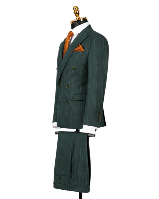 Costum Ceremonie Expresiv Verde cu dungi albe Double Breasted [2]