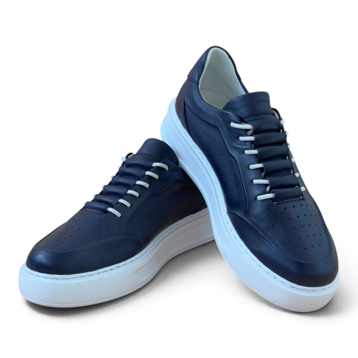 Sneakers Bleumarin piele naturala pentru barbati cu talpa alba [5]