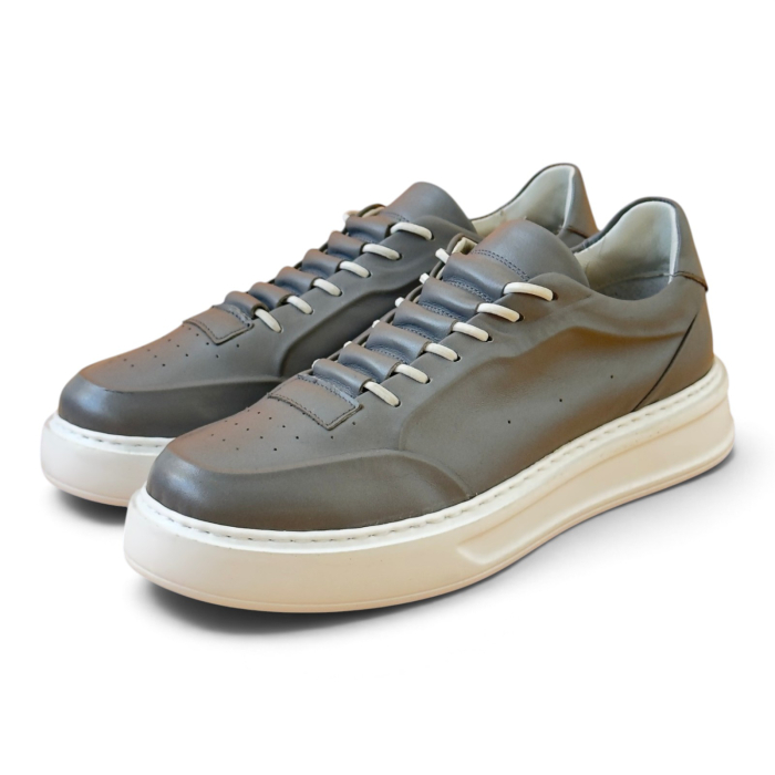 Sneakers Gri piele naturala pentru barbatii cu talpa alba [4]