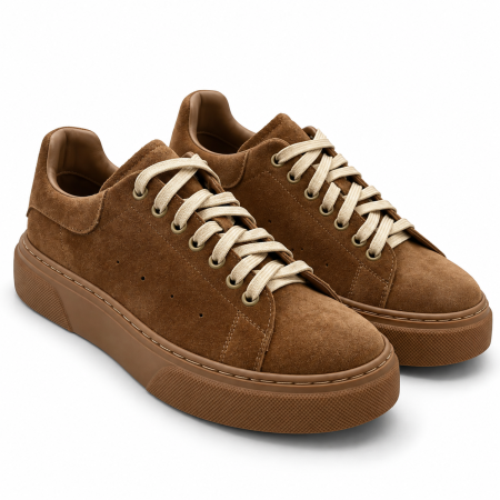 Sneakers - Sneakers barbati capucino piele intoarsa sireturi bej talpa maro