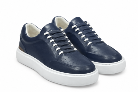 Sneakers - Sneakers Bleumarin piele naturală pentru bărbați cu talpă albă
