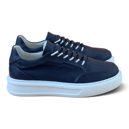 Sneakers Bleumarin piele naturala pentru barbati cu talpa alba [2]