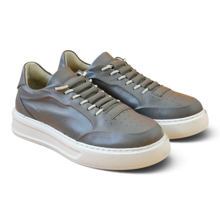 Sneakers - Sneakers Gri piele naturala pentru barbatii cu talpa alba