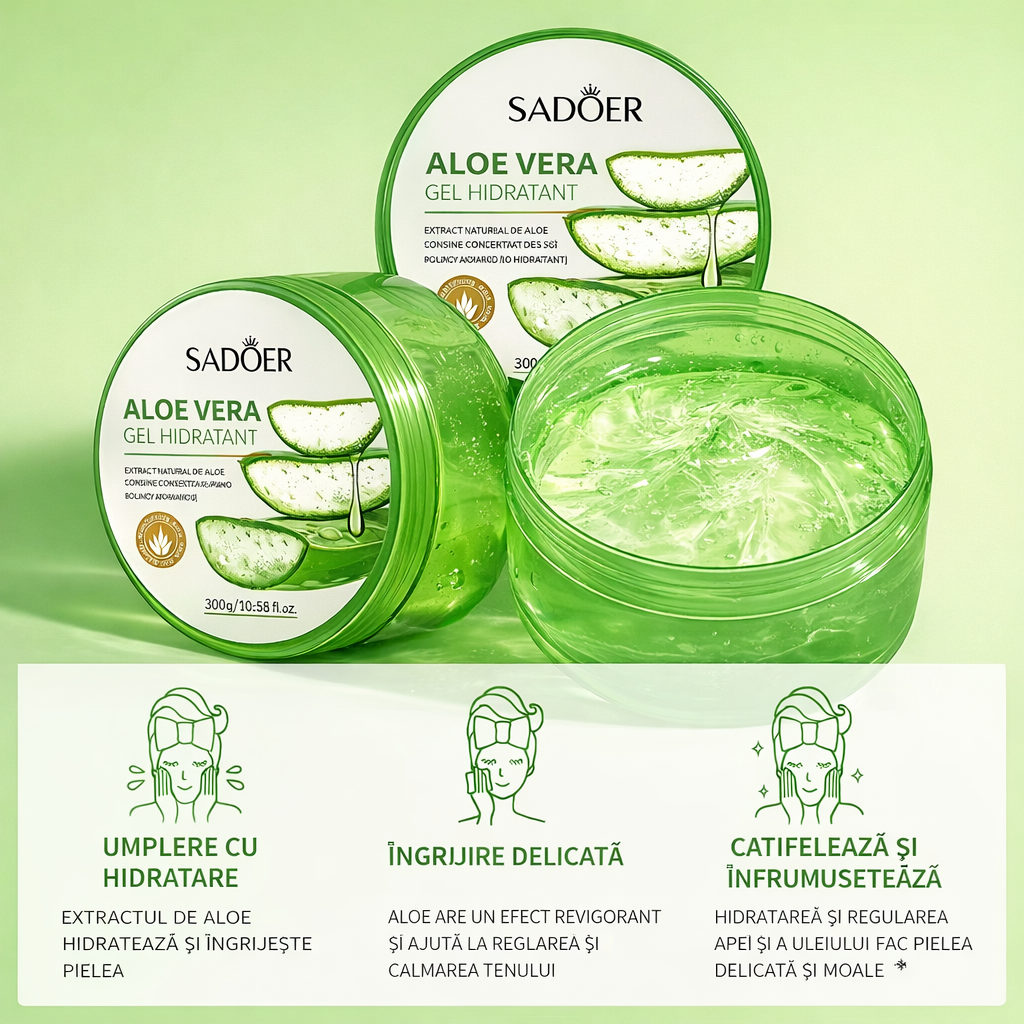 Gel Aloe Vera Hidratant 300g, SADOER, Calmare, Hidratare Intensă, Regenerare Piele, Anti-Iritații, Pentru Față, Corp și După Expunere la Soare [2]
