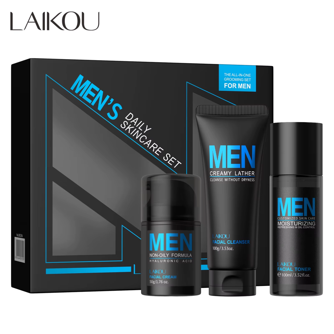 Set Îngrijire Ten Bărbați LAIKOU MEN 3 în 1, Gel Curățare + Tonic + Cremă, Acid Hialuronic, Aloe Vera, Niacinamide, Control Sebum, Hidratare Intensivă [9]
