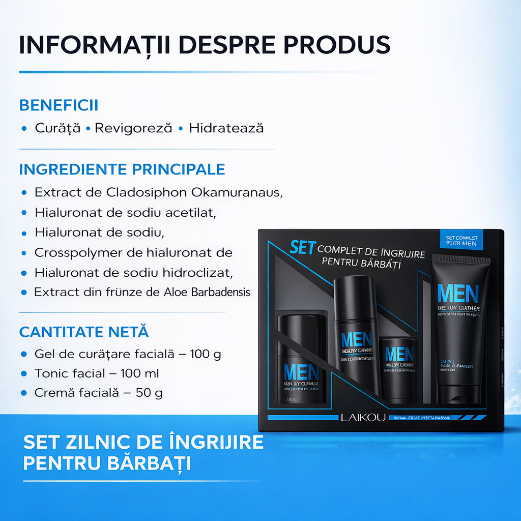 Set Îngrijire Ten Bărbați LAIKOU MEN 3 în 1, Gel Curățare + Tonic + Cremă, Acid Hialuronic, Aloe Vera, Niacinamide, Control Sebum, Hidratare Intensivă [8]
