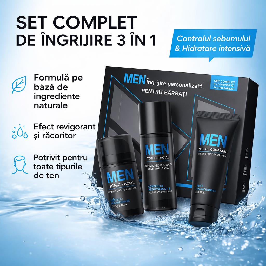 Set Îngrijire Ten Bărbați LAIKOU MEN 3 în 1, Gel Curățare + Tonic + Cremă, Acid Hialuronic, Aloe Vera, Niacinamide, Control Sebum, Hidratare Intensivă [7]