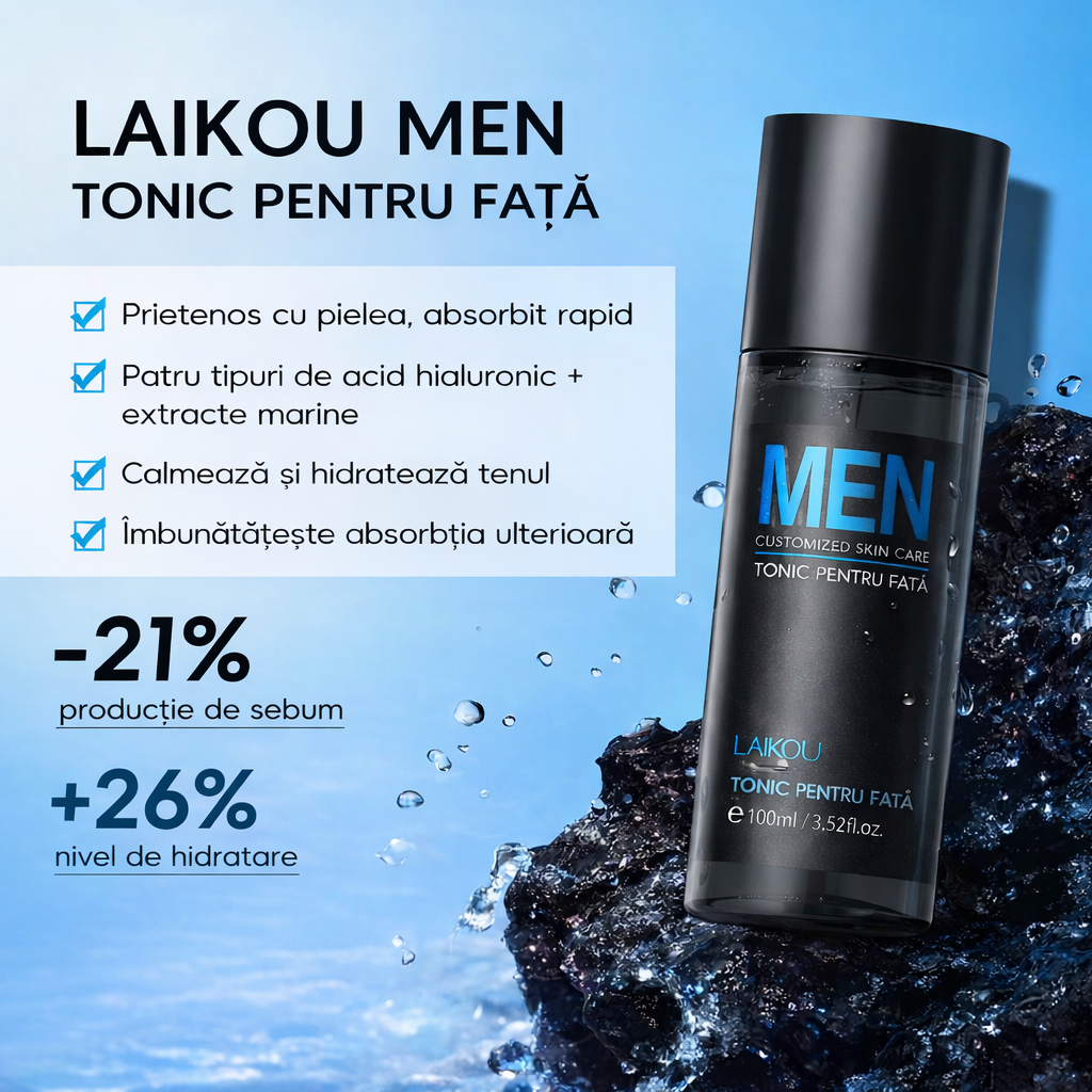 Set Îngrijire Ten Bărbați LAIKOU MEN 3 în 1, Gel Curățare + Tonic + Cremă, Acid Hialuronic, Aloe Vera, Niacinamide, Control Sebum, Hidratare Intensivă [3]