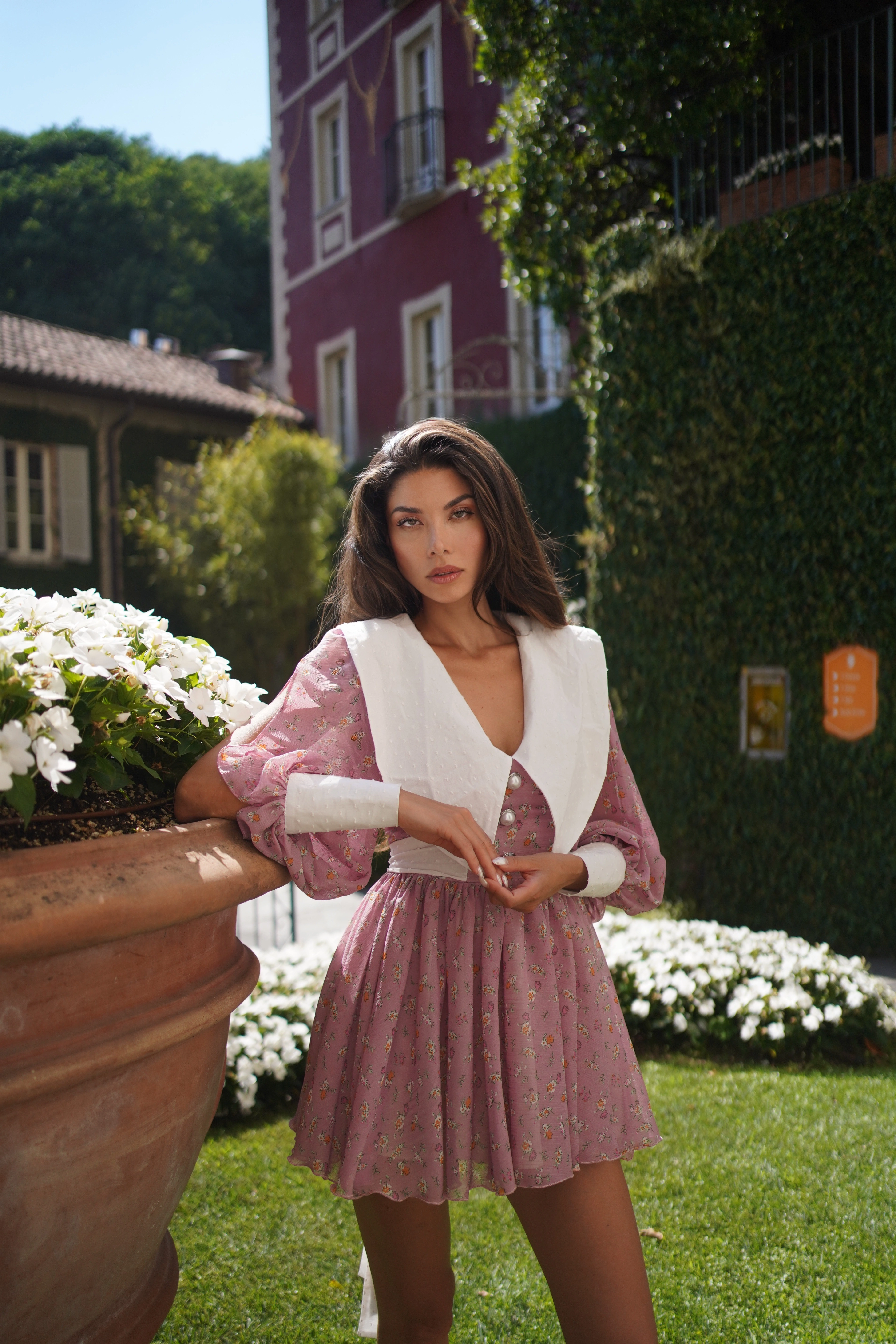 Pink Floral Mini Dress - Rochie mini feminină din voal, bumbac 100% și detalii delicate [2]