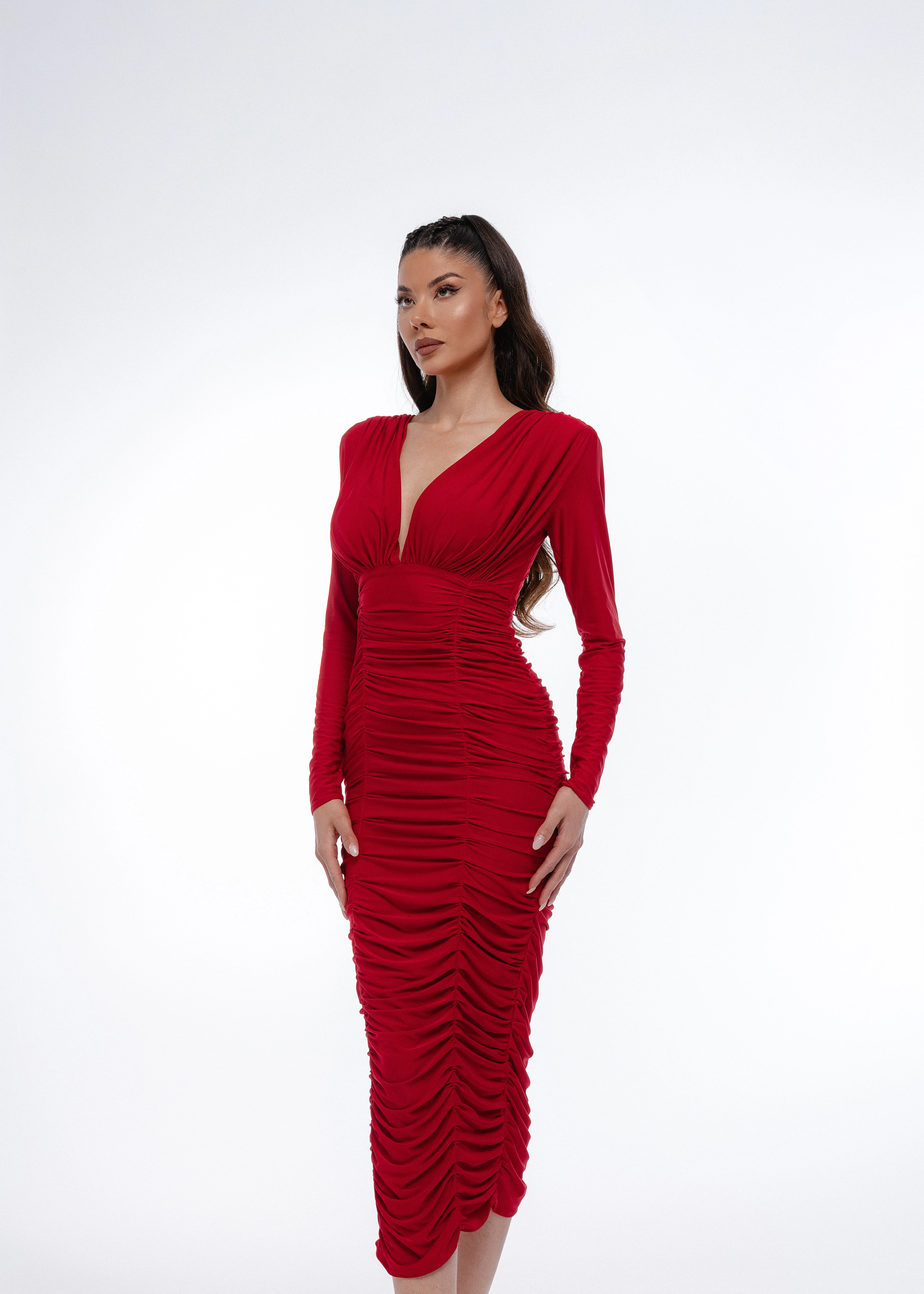 Red Draped Midi Dress - Rochie midi din lycra premium [5]