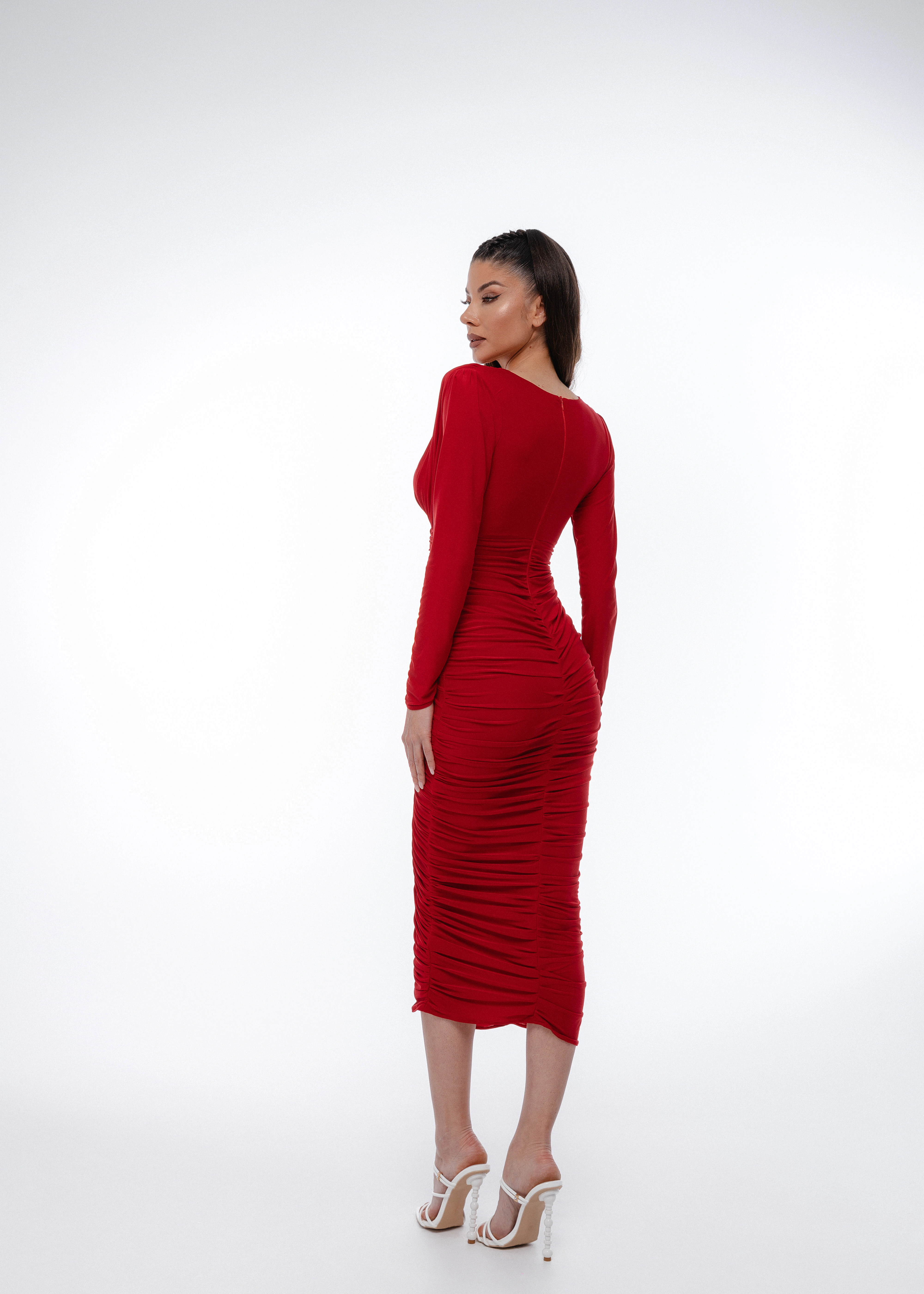 Red Draped Midi Dress - Rochie midi din lycra premium [3]