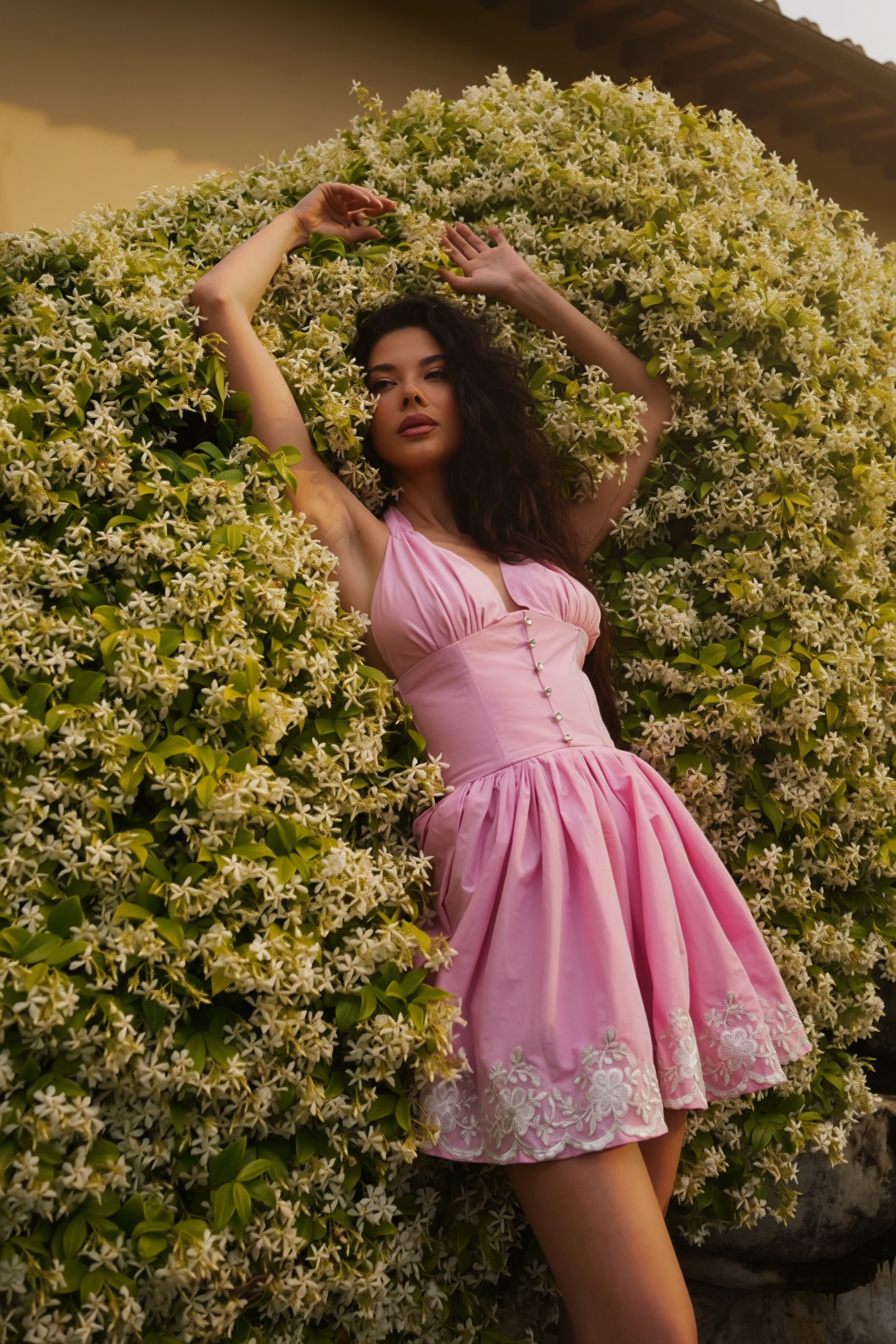 Produse - Pink Lace Mini Dress - Rochie mini din bumbac 100% și dantelă delicată