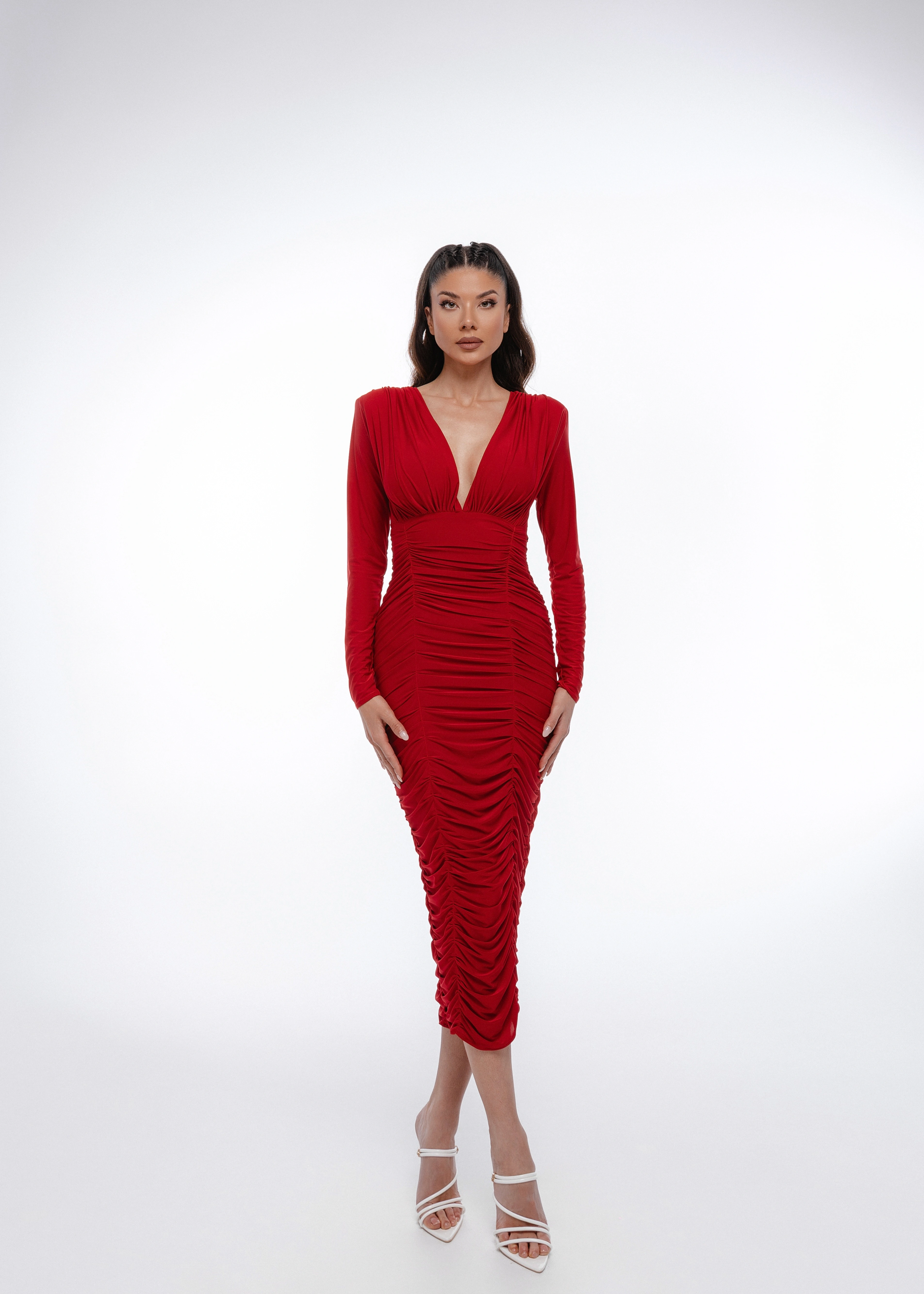 Rochii - Red Draped Midi Dress - Rochie midi din lycra premium