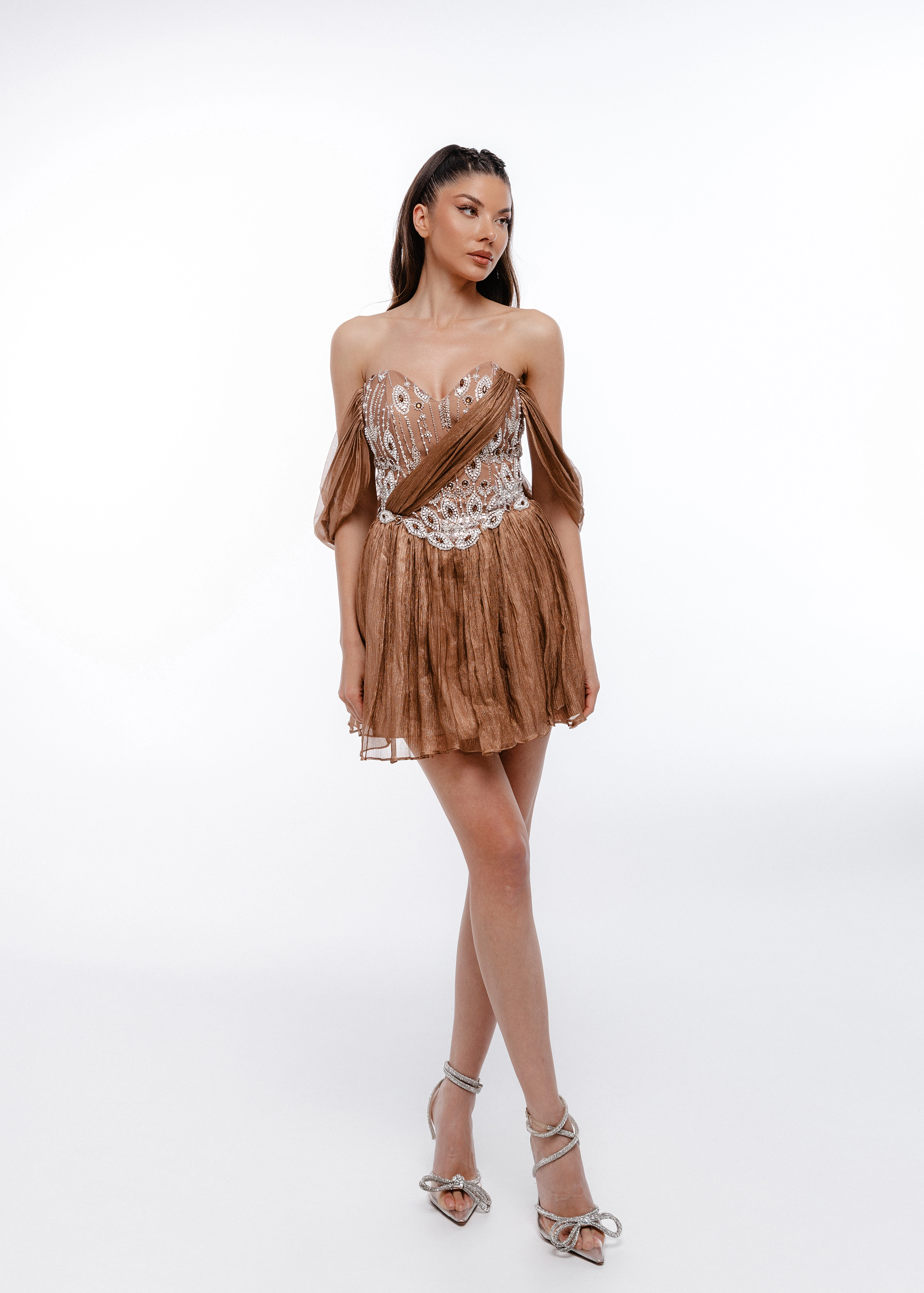 Rochii - Rochie Bronze Couture - Rochie din mătase naturală 100%, dantelă și aplicații couture