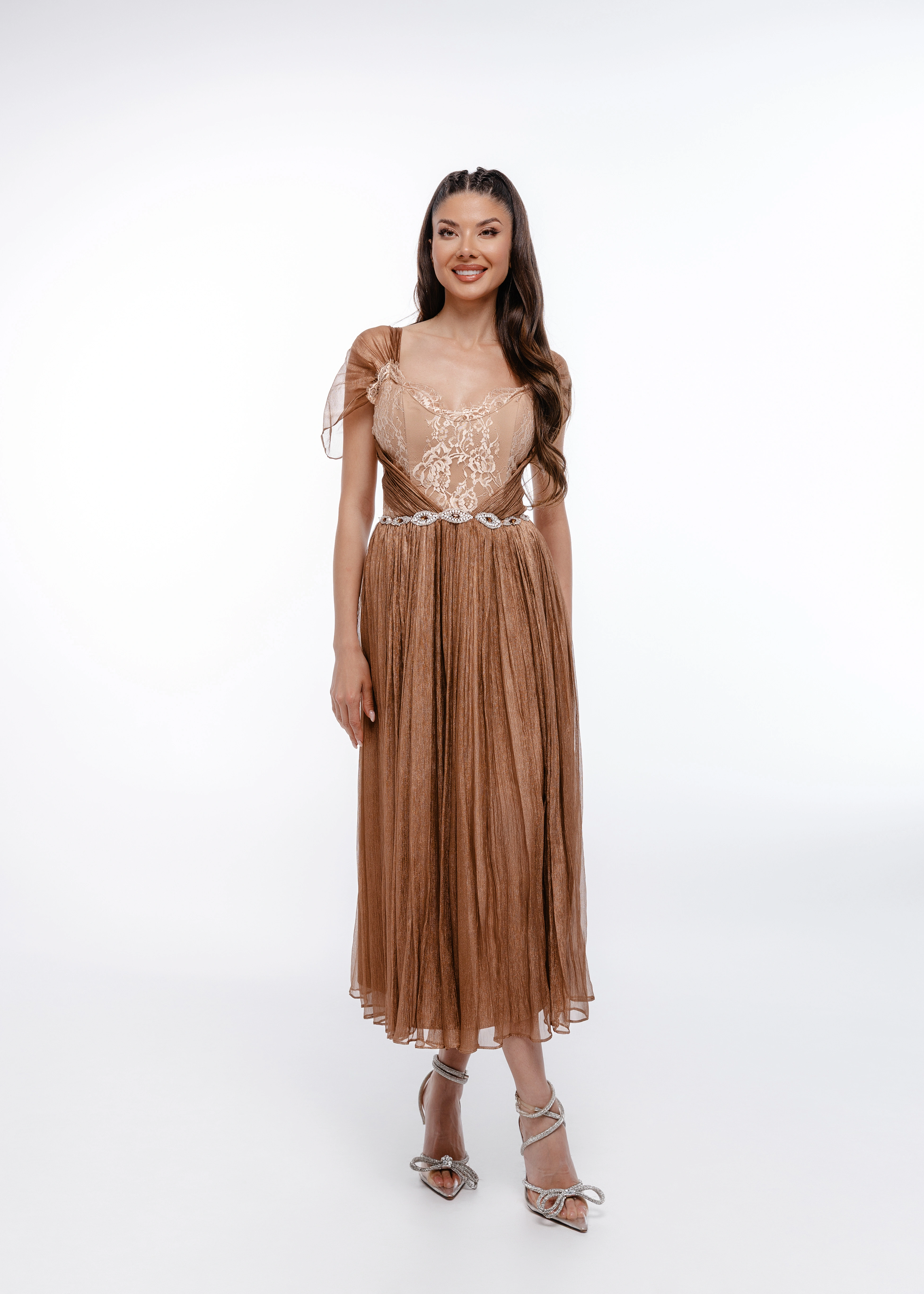 Noutati - Rochie Golden Whisper - Rochie din mătase naturală 100% și dantelă Chantilly