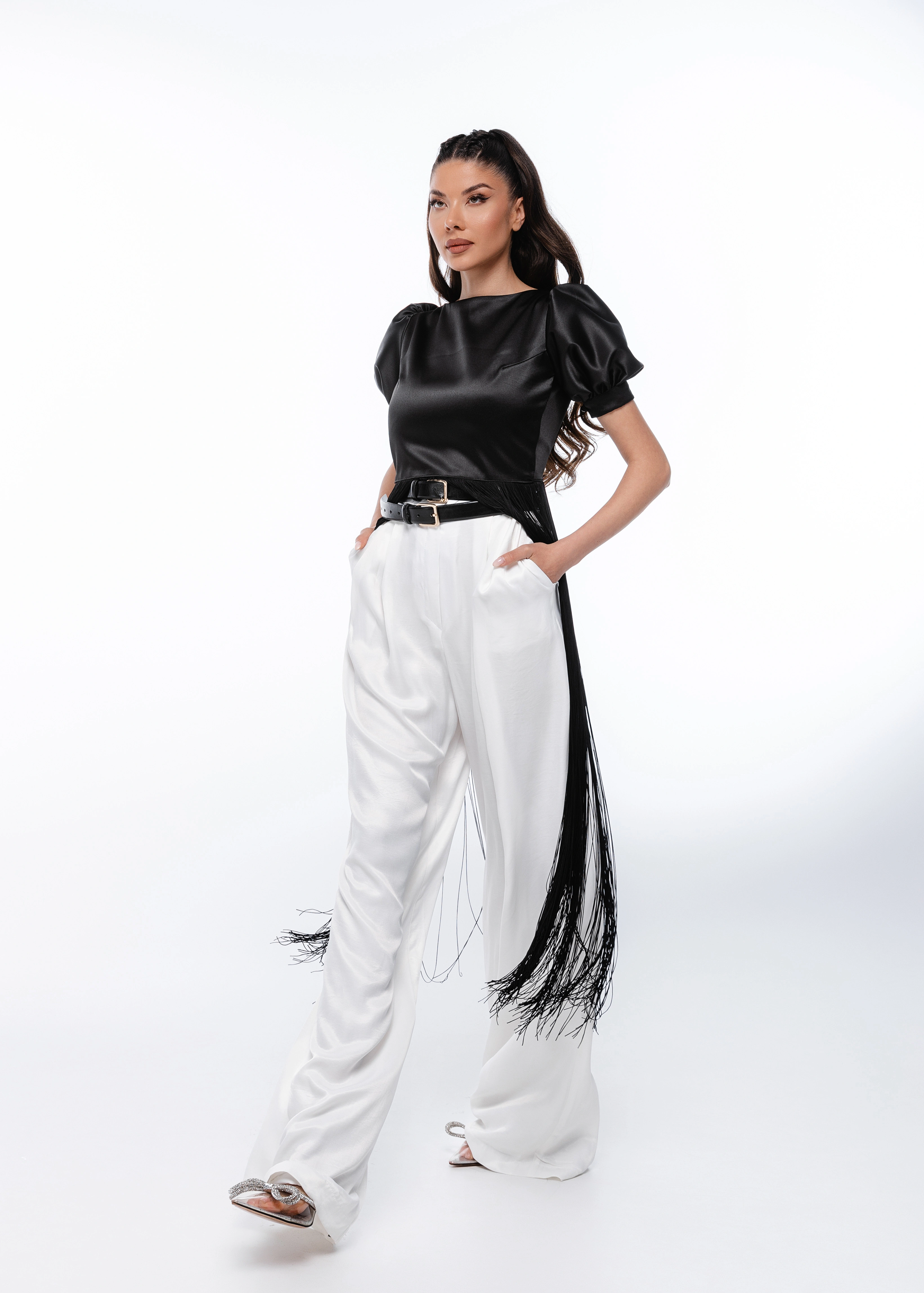 Topuri - Top Noir Fringe - Top din tafta cu franjuri couture