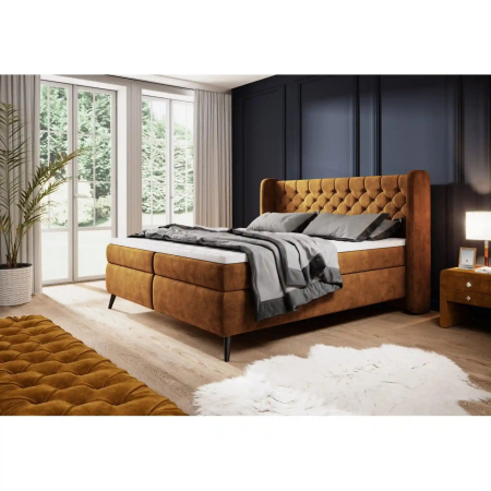 Paturi - Pat boxspring MADISON 160x200, stofa catifelata caramiziu - Palladium 9, Gama Premium, cu saltele si topper