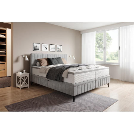 Paturi - Pat CAYA 160x200, stofa catifelata bej - Whisper 03, cu suport saltea, 2 lazi pentru depozitare si pistoane pe gaz