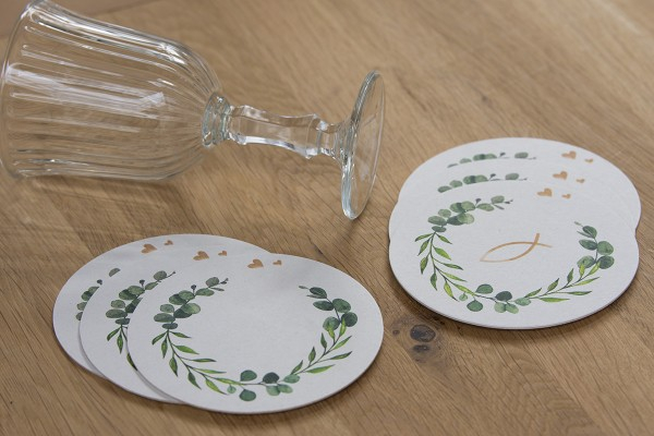 Coastere/suporturi din carton pentru pahare, halbe sau cesti / albe (imprimeu peste) / diametru 10,7 cm / 100 buc [2]