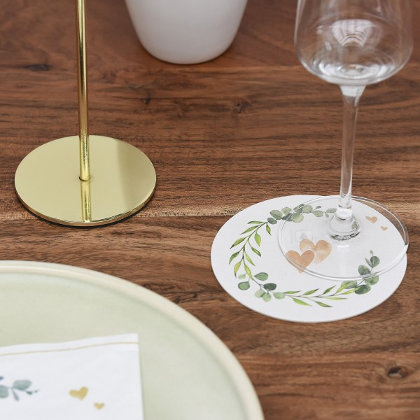 Coastere/suporturi din carton pentru pahare, halbe sau cesti / albe (imprimeu inimi) / diametru 10,7 cm / 100 buc [2]