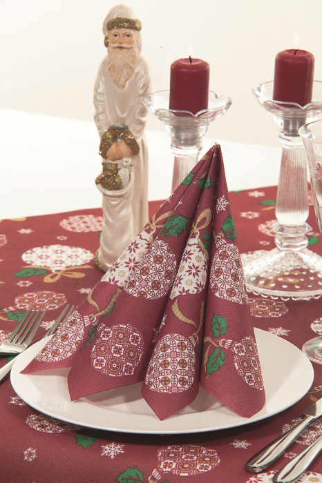 Servetele de masa festive Linclass - Soren (globuri pe fundal bordeaux)  / 40 x 40 cm / 50 buc [1]