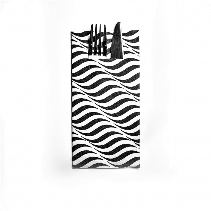 Servetele cu BUZUNAR pentru tacamuri - Linclass Nice (Negru-Alb) / 40 x 40 cm / 100 buc [2]