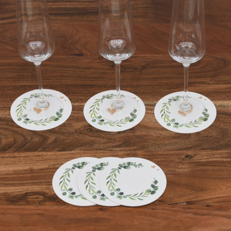 Coastere/suporturi din carton pentru pahare, halbe sau cesti / albe (imprimeu inimi) / diametru 10,7 cm / 100 buc [4]