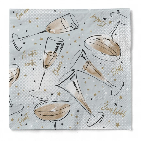 Servetele de masa, 3 straturi, IMPRIMEU - Servetele de masa 3 straturi Tissue - Cheers (gri-auriu), 33 x 33 cm, 100 buc