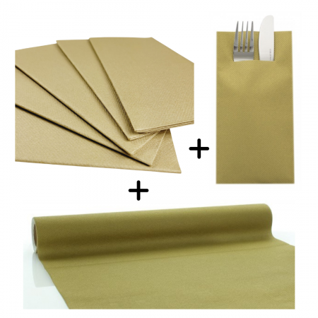 SETURI de masa - Set accesorii aurii pentru decorarea mesei - servetele festive, servetele pentru tacamuri, rola traversa Linclass Gold