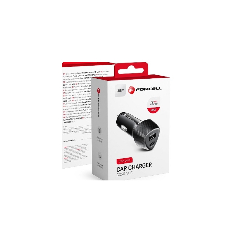 Încărcător Auto Forcell F-Energy Carbon CC50-1A1C – USB-C + USB-A, QC3.0 PD 38W, Negru [1]