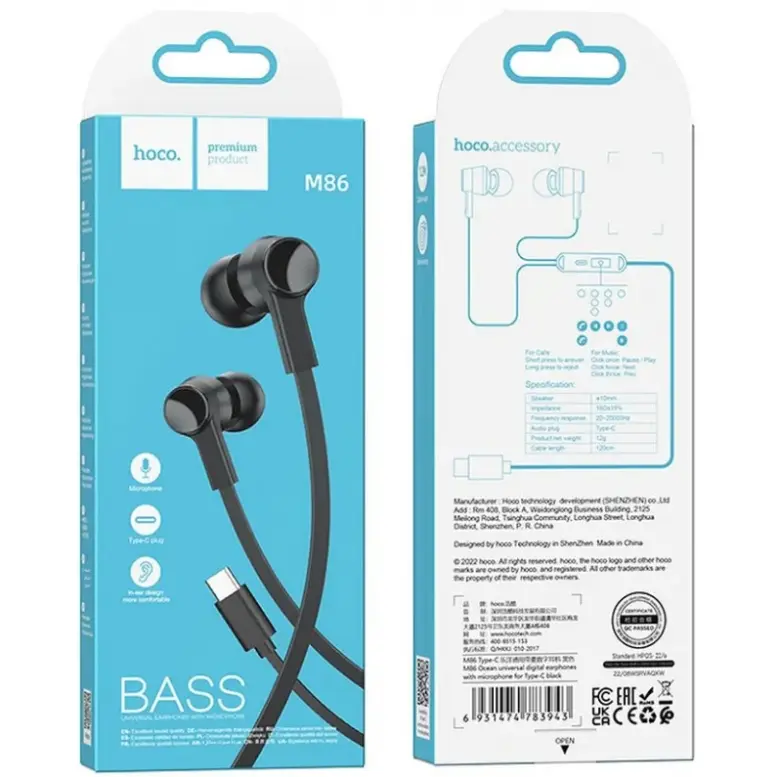 Căști Stereo HOCO M86 cu Microfon – Conexiune USB-C, Negru [1]