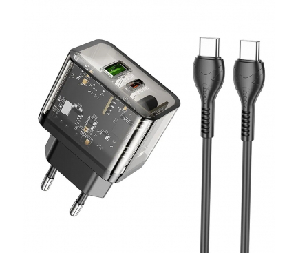 Hoco N34 – Încărcător de perete USB-A + Type-C, cablu Type-C la Type-C, PD QC3.0, 20W, transparent [1]