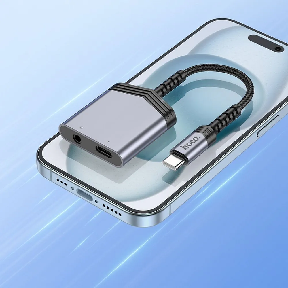 Adaptor Hoco AUX 2-în-1 Type-C la Type-C + Jack 3.5mm, 27W, LS39, Metal Gray [5]