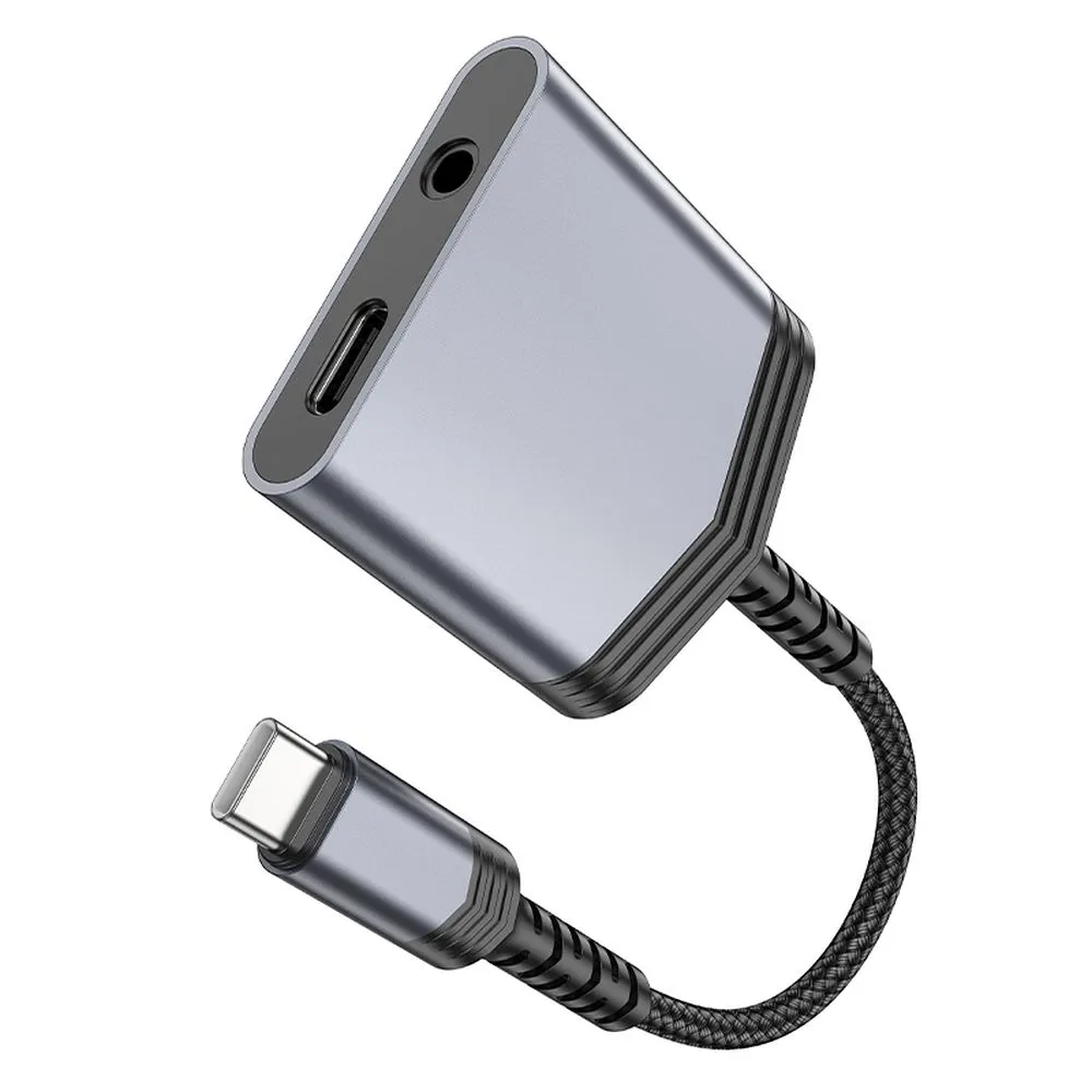 Adaptor Hoco AUX 2-în-1 Type-C la Type-C + Jack 3.5mm, 27W, LS39, Metal Gray [6]