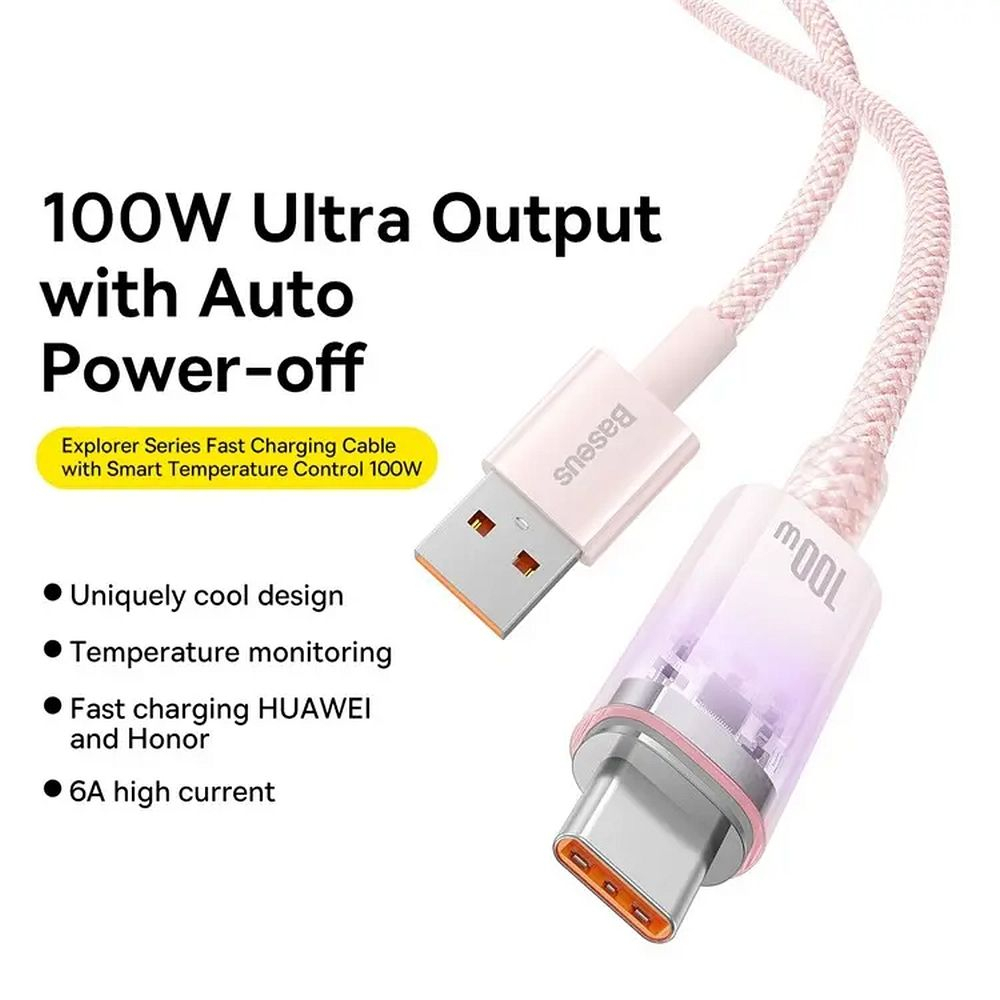 Cablu Baseus Explorer, USB la USB-C, 100W, 6A, Quick Charge, 1m, Roz [4]