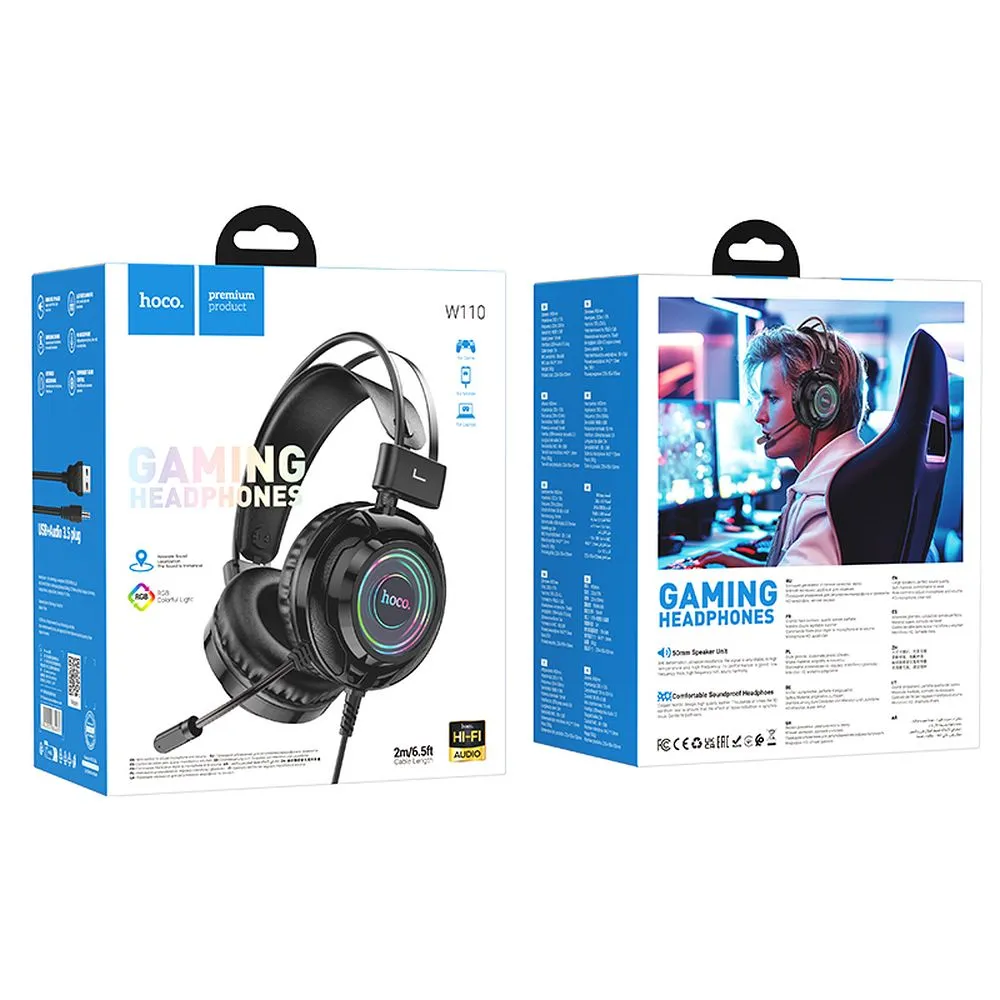 Căști cu fir HOCO USB A + Jack 3,5 mm cu microfon gaming W110 2 m negru [6]