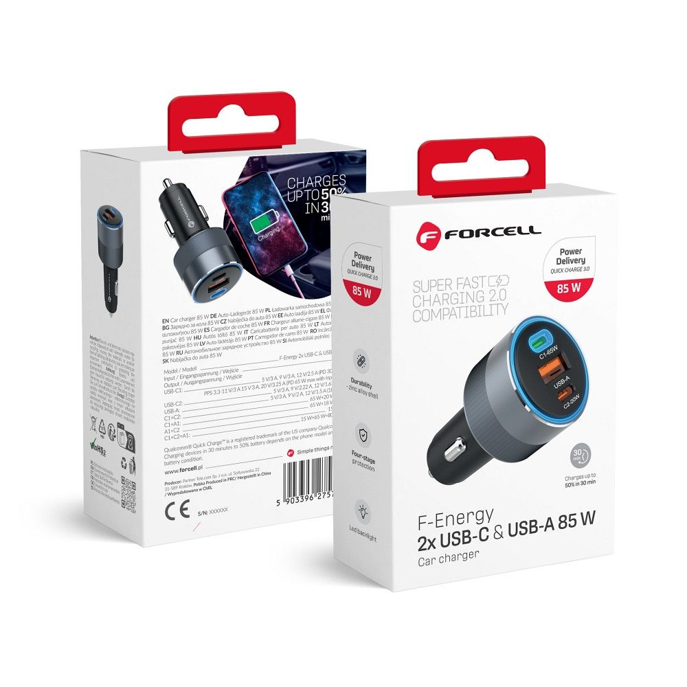 Forcell F-Energy Alu Car Charger - Încărcător Auto 2 x Type-C + USB-A, PD QC4.0, SFC 20W 3A 85W, Gri [7]
