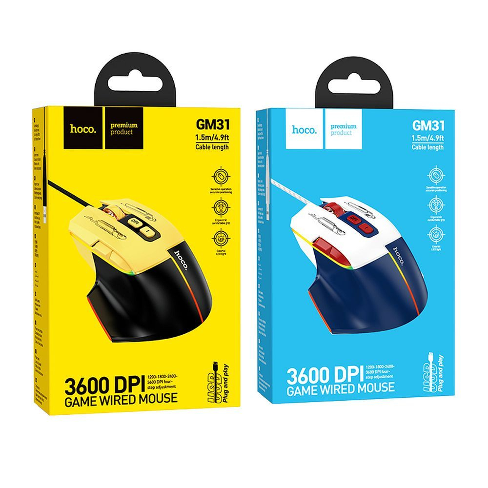 Hoco GM31 - Mouse Gaming cu Fir USB-A, 3600DPI, Alb/Albastru [4]