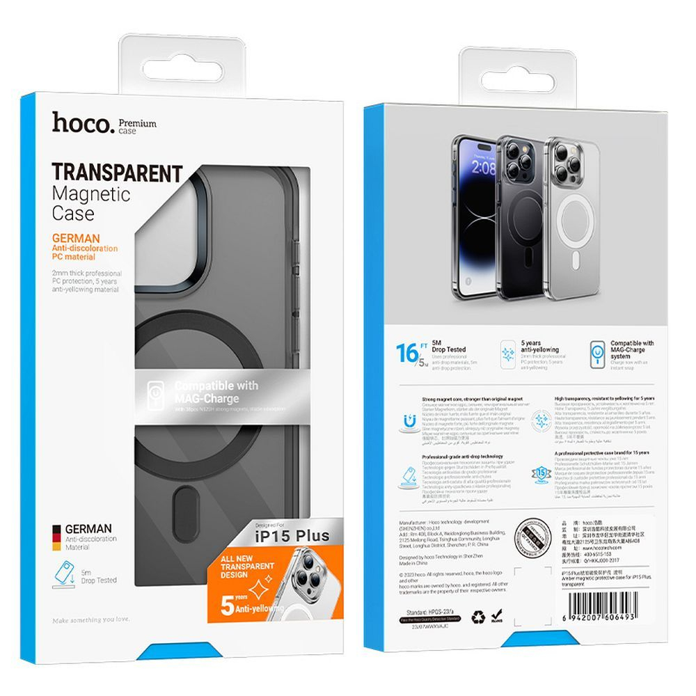 Husă Compatibilă MagSafe Hoco AS3 pentru iPhone 15 Plus, Negru Transparent [2]