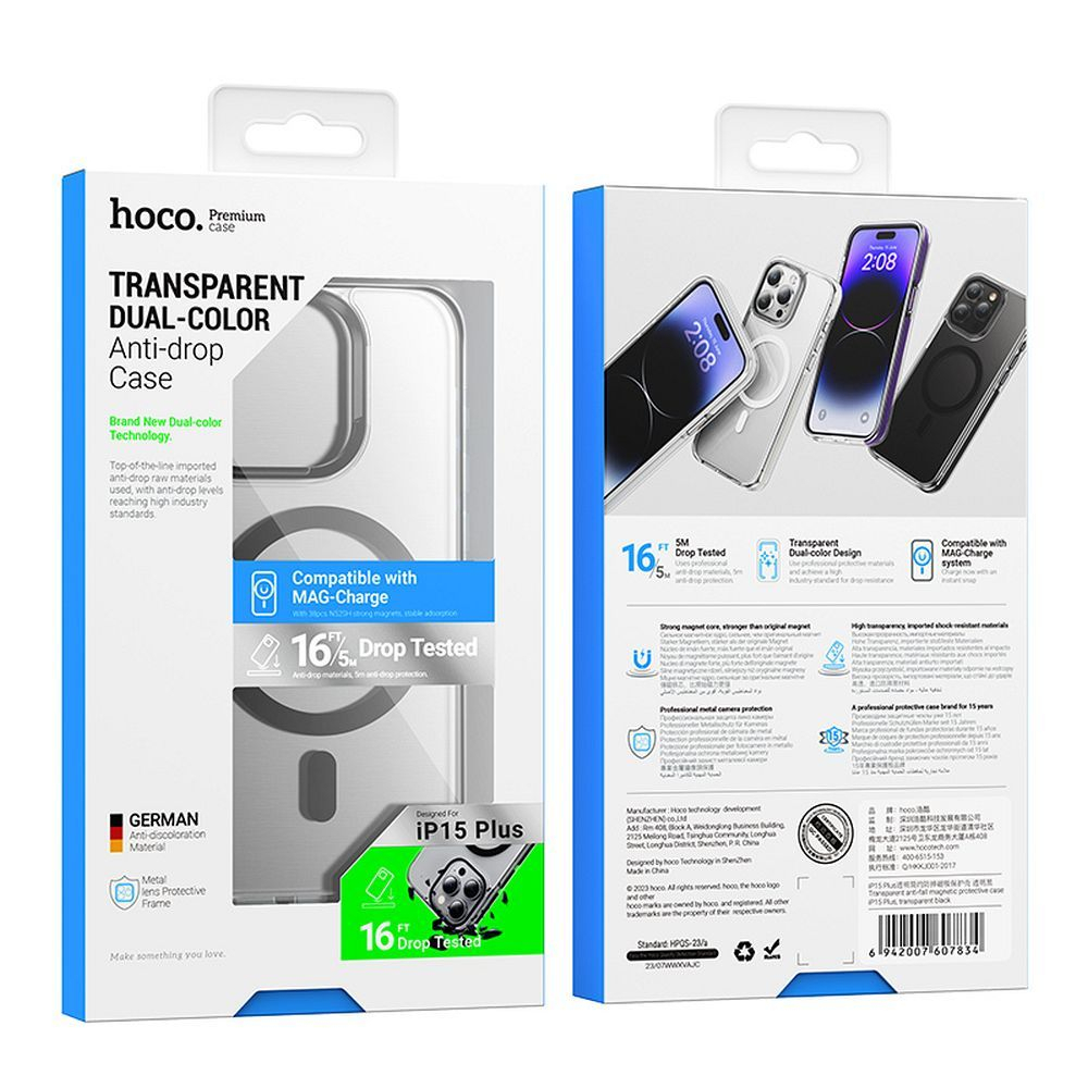 Husă Compatibilă MagSafe Hoco AS6 pentru iPhone 15 Plus, Transparent Negru [2]