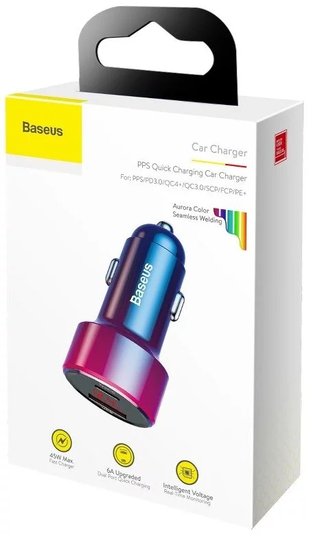 Încărcător Auto Baseus Magic – USB + USB-C, QC4.0 PD 45W, Design Dual Color (Roșu + Albastru) [3]